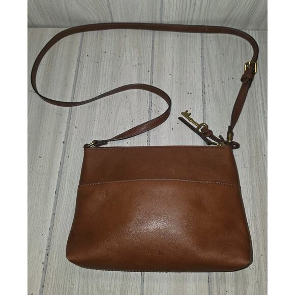 FOSSIL Brown Leather Cross Body Bag Purse W/Key Boho Cottagecore Nice - Picture 5 of 7